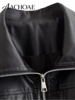 AACHOAE Women Faux Leather Jacket Drawstring Waist Zip Up Utility Short Coat Flap Pocket Casual Streetwear Autumn Outerwear