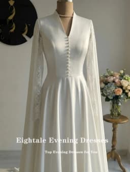 Eightale Arabic Wedding Dress V-Neck Lace Customized Ivory Satin Long Sleeves Cape Sleeves Bridal Gown Bride Party Dress