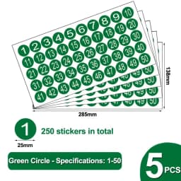 5pcs/Bag Number 1-50 Color Circular Adhesive Sticker -1 Inch Waterproof Code Number Label Clothing Size Label