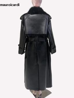 Nerazzurri Winter Long Oversized Thickened Warm Black Fluffy Faux Sheepskin Coat Women Double Breasted Loose Furry Overcoat 2024