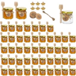 12/20/30/50/60Pcs-Mini Honey Jars with Dipper, Hexagonal Glass Honey Jars, Glass Sugar Jars with Lids, Kitchen Glass Sealed Jars, Available in Various Sizes Such as 1.5/2/3oz, Come with Bee Pendants, Twine, and Card Tags, Perfect for Baby Shower Gifts, Wedding Gifts, Party Favors