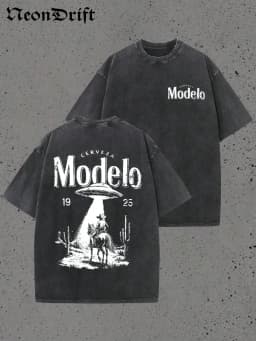 Retro Modelo 1925 Cerveza T Shirt Men Washed Cotton Oversized UFO Cowboy Graphic Tee Casual Streetwear Summer Short Sleeve