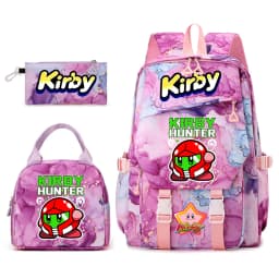 Kirby Cartoon Print Student Backpack Set for Girls with Lunch Bag and Pencil Case School Bookbag Lightweight Daypack