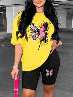 Beautiful Butterfly Pattern Print For Women Short Sleeved Shorts Set Soft Essential Two Piece Set Sports Comfortable Shorts Sets