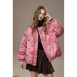 ELFSACK Women's Pink Panda Puffer Jacket with Drawstring, Warm Quilted Winter Coat, Cute Floral Print, Casual Street Style