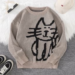 Autumn and Winter Abstract Kitten Jacquard Pattern Pullover Sweater Casual Round Neck Knitted Men's Pullover