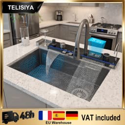 Modern Stainless Steel Kitchen Sink Multifunctional Sinks Waterfall Golden Large Single Slot Digital Display Washing Basin