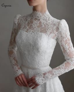Customized Elegant Lace Wedding Dress A-Line High Neck Long Sleeves Bridal Dress for Bride with Veils Robe De Mariée
