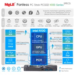 MeLE PCG02 Fanless Mini PC Stick N100 8GB LPDDR4 128GB Micro Desktop Computer with Full Function USB-C, 2.4G/5.0G WiFi, 4K HDMI