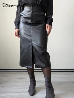 Long Leather Skirts For Women Brown High Quality PU Midi Bodycon Skirt Front Split High Waist Women's Leather Skirt Black Midi