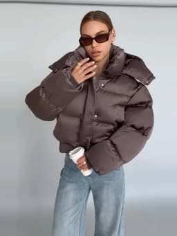 Women's Cropped Puffy Jacket Detachable Hood Drawstring Waist Drop Shoulder Long Sleeve Loose Padded Winter Down Jackets