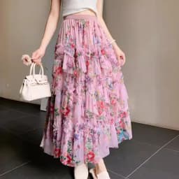 New In Flower Print Irregular Mesh Floral Mesh Long Skirt Women 2025 Spring French Elegant Style A-line Tulle Skirts