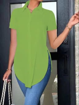 Women's Short Sleeve Button Down Shirt with Lapel Collar and Side Split Hem Casual Office Blouse