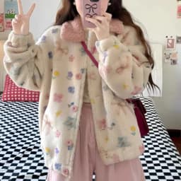 Lamb Fur Print Jacket New Coats & Jackets Autumn Winter 2026 Outerwears Lapel Long Sleeve Chamarras Korean Style Clothes Woman