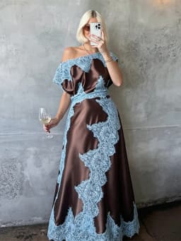 Elegant Lace Patchwork Long Women's Dress Urban Skew-collar Short Sleeve Empire Female Dresses 2026 Summer Vacation Lady Robe