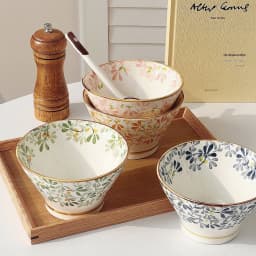 Ceramic Hat-shaped Bowl Spoon Set,Four Seasons Floral Pattern,Oven Microwave Safe, Noodles Salad Soup Dessert Hot Pot Picnic BBQ