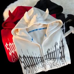 Y2K Kawaii Devil Horn Tail Hip Hop Badge Print Hoodies Cardigan Couples Street Loose Casual Zip Up Sweatshirt Harajuku Clothes