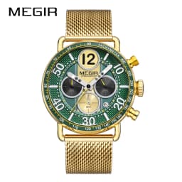 MEGIR Waterproof Quartz Watch with Blue Dial Chronograph Stainless Steel Mesh Strap Date Multifunctional Sports Wristwatch Brig