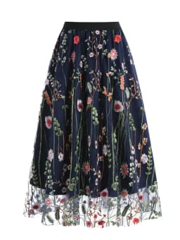 Tonval Floral Embroidered Mesh Overlay Lined Long Skirt Elastic Waist Women Elegant Festival Outfit Summer Vintage Skirts