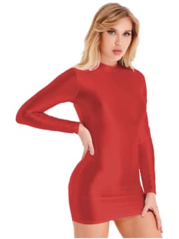 Women's Solid Color Smooth Stretchy Mock Neck Tight Party Dresses Female Dresses Glossy Long Sleeve Bodycon Dress Nightwear
