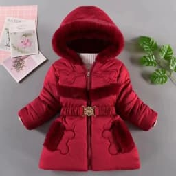 2024 New Winter Keep Warm Girls Jacket Waist Belt Design Detachable Hat Lining Plush Hooded Heavy Coat For Kids