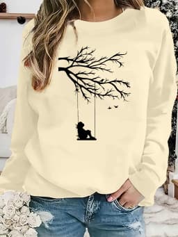 Women's Autumn and Winter Loose Casual Comfortable Tree and Bird Design Printed Velvet Long-Sleeved Round Neck Hoodie Pullover