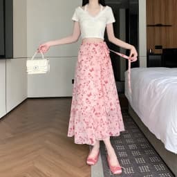 High Waist A-Line Floral Print Chiffon Halter Neck Dress Women's Summer New Style Belted Wrap Skirt Casual Polyester Fiber
