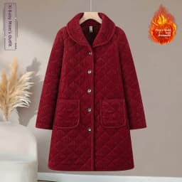 Thickened Cotton Padded Coat for Middle-Aged And Elderly Women Casual Style Warm Polyester Fiber Flip Collar Medium-Length