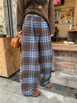 Retro Blue Plaid Drawstring Lace-up Wide Leg Pant Autumn Winter High Waist Loose Pleated Straight Trousers Streetwear Casual Y2k