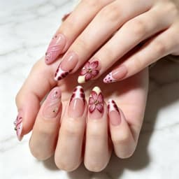 10Pcs 3D Flower Gold Beads Handmade Press On Nails Nude Pink French Almond Fake Nail M/S/XS Artificial Wearable False Fingertips