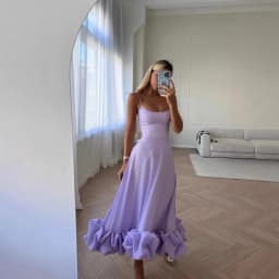 Women's Solid Color Spaghetti Strap Midi Dress Ruffled Hem Fitted A-Line Gown Elegant Party Dress For Dating & Evening Event