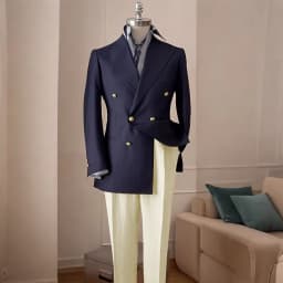 Timeless Men's Navy Blue Double Breasted Suit Summer Breathable Casual 2Piece Set Jacket+Yellow Linen Pants Wedding Groom Attir