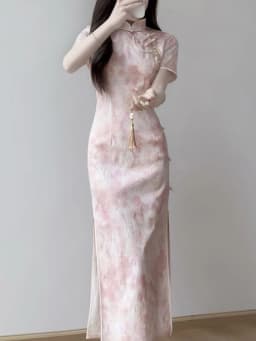 Pink Slim Fit Young Style Chinese New Version Summer Dress Short Sleeve Daily Wear Polyester Fiber Retro Style