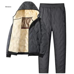 Quilted Thick Fleece Lined Men Winter Two Piece Suit Hooded Zip Outerwear And Jogger Pants With Functional Zipper Pockets
