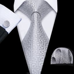 Barry.Wang Black White Gray Silver Men Tie Handkerchief Cufflinks Set Jacquard Necktie for Male Wedding Business Party Gift