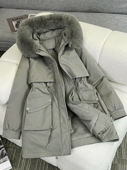 Women's Mid-Length Cotton Jacket Winter Thick Warm Fleece-Lined Waist-Cinching Fashionable Trendy Zipper Pocket