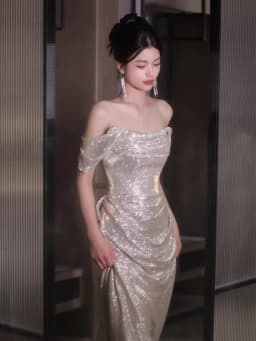 Ele One-oulder Silver Sequin Evening Gown Women's Birthday Adult Ceremony Host Wedding Morning Robe Korean Sle