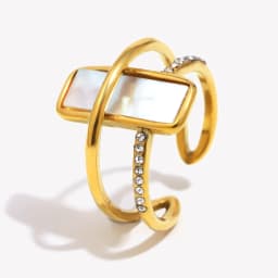 E.B.belle Double Layers Luxury Rhinestone White Rectangle Shell Cuff Ring Stainless Steel Women Party Dating Jewelry Accessories