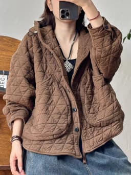 Fashionable Diamond Pattern Loose Hooded Jacket Women's Large Pocket Casual Cotton Coat Trendy Autumn Winter New Style