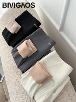 BIVIGAOS Fall Winter Fleece Warm Back Pocket Sharkskin Leggings Women High Waist Casual Thick Velvet Leggings Tight Brushed Pant