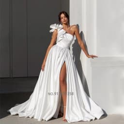 Customized New Arrival One Shoulder A-Line Stain Wedding Dress High Side Slit Long Floor Length Bridal Gown Custom Made