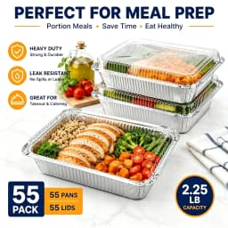 55 Pack 8.5' X 6' Aluminum Pans with Lids, 2.25 LB Foil Food Containers Heavy Duty Tin Foil Pans with Clear Plastic Covers for Meal Prep, Baking, Freezer Storage, Takeout & Catering