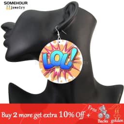 SOMEHOUR Love Queen Boom Comic Print Wooden Drop Earrings OMG LOL Bubble Cartoon Cute Pop Loops Dangle Jewelry Women Girls Gift