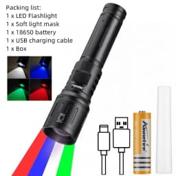 Zoom 4-Colour Light White/Red/Green/Blue LED Flashlight USB Rechargeable Fishing Camping Hunting Photography Selfie Hiking Torch