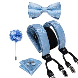 Luxury White Men's Suspenders Adjustable 6 Clips Braces DiBanGu Leather Metal Pre-Tied Bow Tie Brooch Pocket Square Set