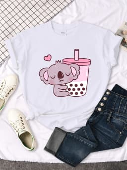 Koala Like Drink Milk Tea Cute Print T-Shirt Womans Kawaii Cartoon Graphic Clothes Womens Oversize Harajuku Funny Girls Tshirts