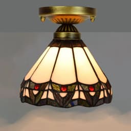 European Stained Glass Ceiling Light - Handcrafted Floral Rose Mosaic, Antique 8Inch Wide Flush Mount for Dining Room/Library