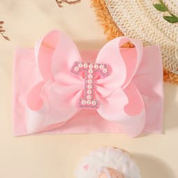 26 Letters Pink Big Bows Pearl Headbands for Baby Girls 5.98'' Wide Nylon Knotted Soft Elastic Hair Bands Wraps Headwear 1PCS