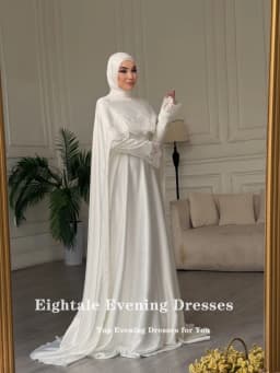 Eightale Arabic Wedding Dress O-Neck Customized Ivory Floor Length Muslim Long Sleeves Bridal Gown Party Dress