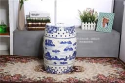 White Porcelain and Drawn Blue Shoe Hand Changing Stool Ceramic Drum Bathroom Neoclassical Imitation Sitting Stool Low Round